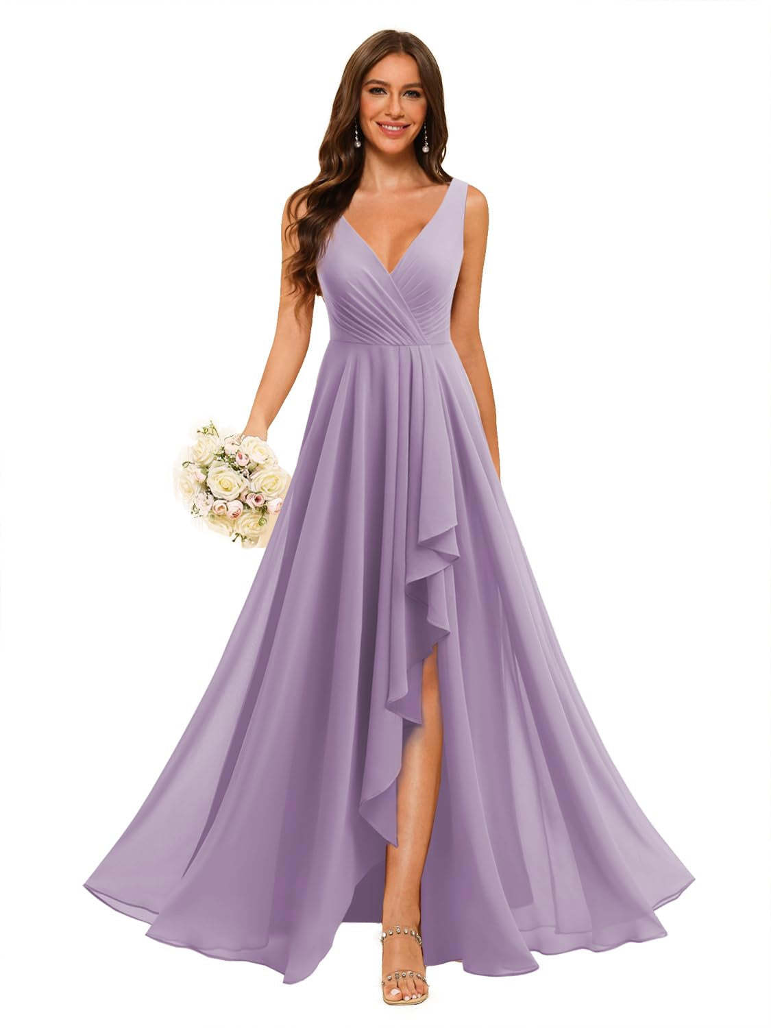 V-Neck Sleeveless Floor-Length Chiffon Bridesmaid Dress with Slit Pockets in A-Line/Princess Style