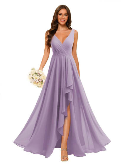 V-Neck Sleeveless Floor-Length Chiffon Bridesmaid Dress with Slit Pockets in A-Line/Princess Style