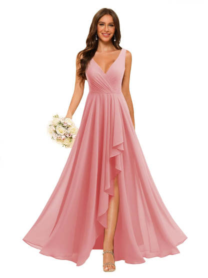 V-Neck Sleeveless Floor-Length Chiffon Bridesmaid Dress with Slit Pockets in A-Line/Princess Style