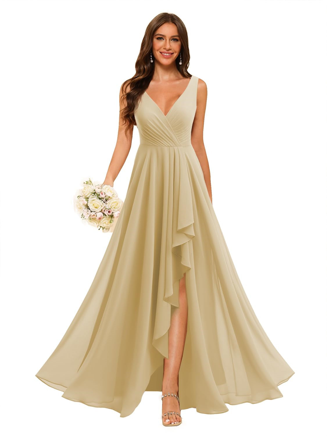 V-Neck Sleeveless Floor-Length Chiffon Bridesmaid Dress with Slit Pockets in A-Line/Princess Style