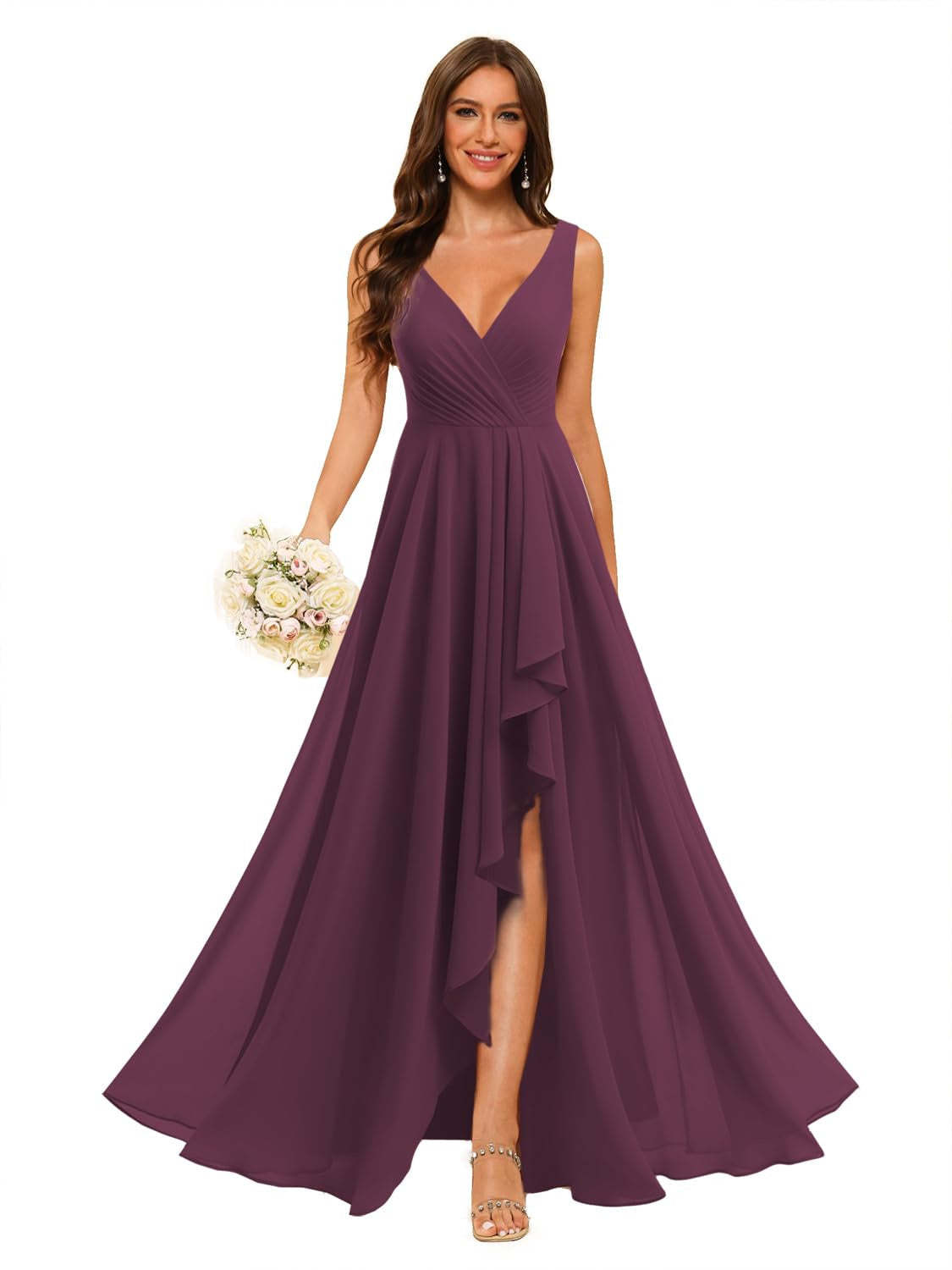 V-Neck Sleeveless Floor-Length Chiffon Bridesmaid Dress with Slit Pockets in A-Line/Princess Style