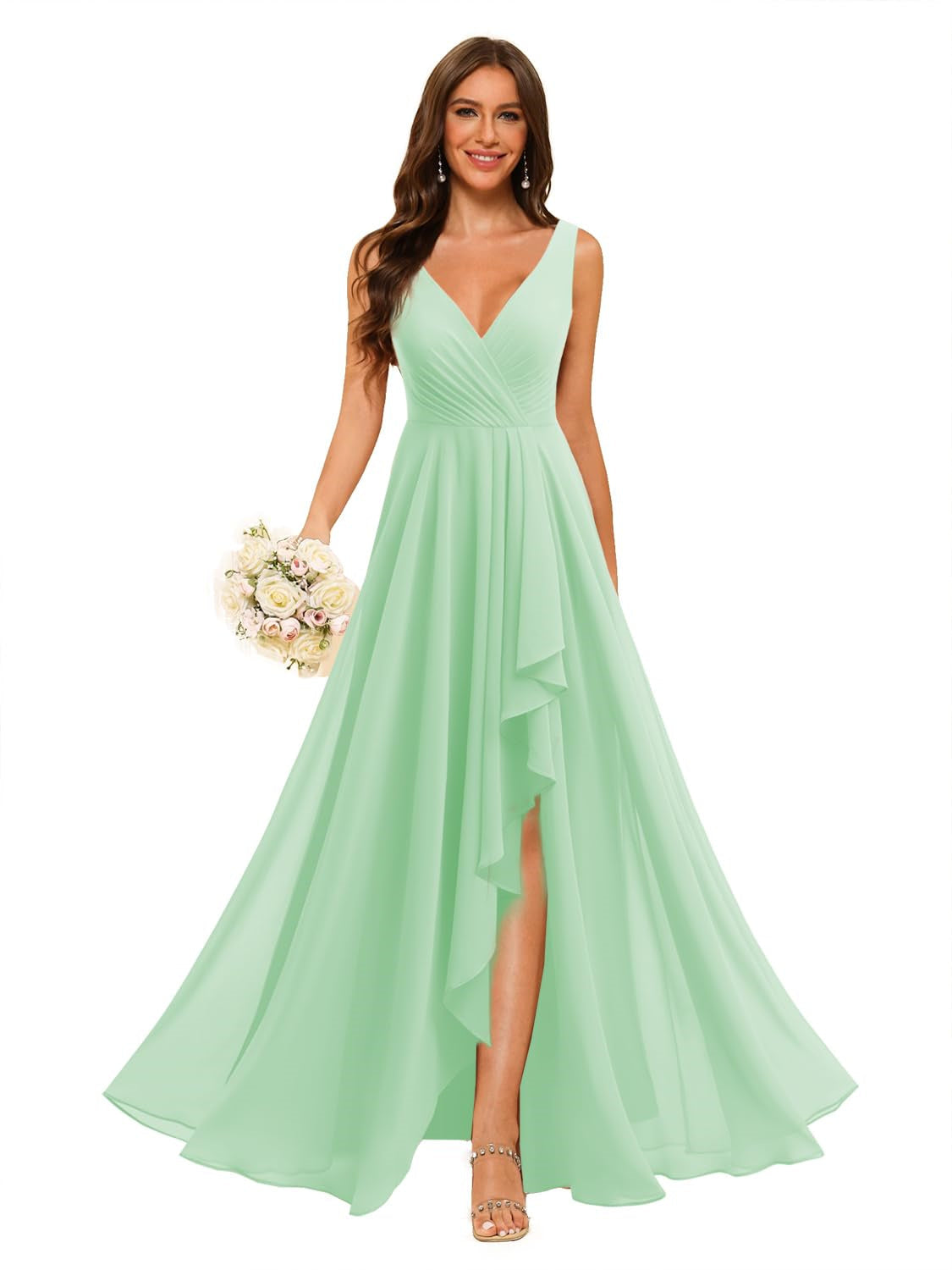 V-Neck Sleeveless Floor-Length Chiffon Bridesmaid Dress with Slit Pockets in A-Line/Princess Style