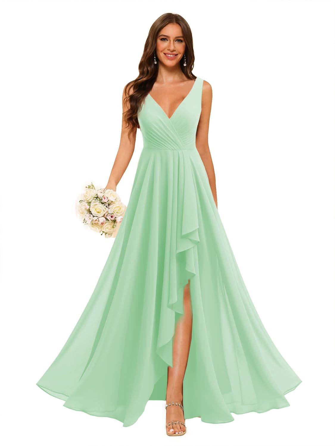 V-Neck Sleeveless Floor-Length Chiffon Bridesmaid Dress with Slit Pockets in A-Line/Princess Style