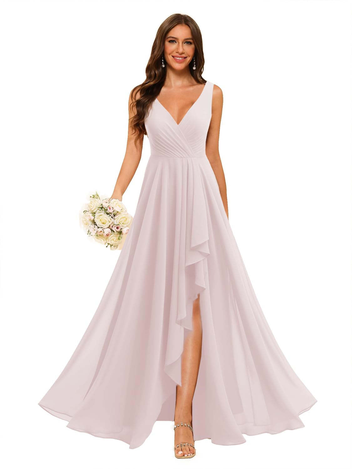 V-Neck Sleeveless Floor-Length Chiffon Bridesmaid Dress with Slit Pockets in A-Line/Princess Style