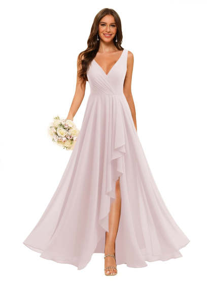 V-Neck Sleeveless Floor-Length Chiffon Bridesmaid Dress with Slit Pockets in A-Line/Princess Style