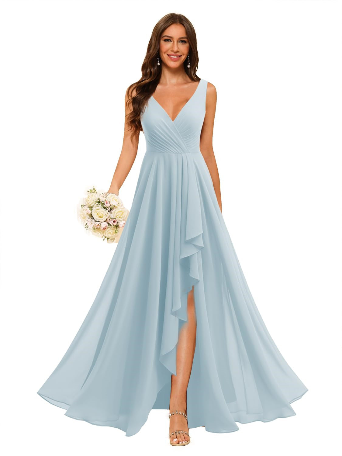 V-Neck Sleeveless Floor-Length Chiffon Bridesmaid Dress with Slit Pockets in A-Line/Princess Style