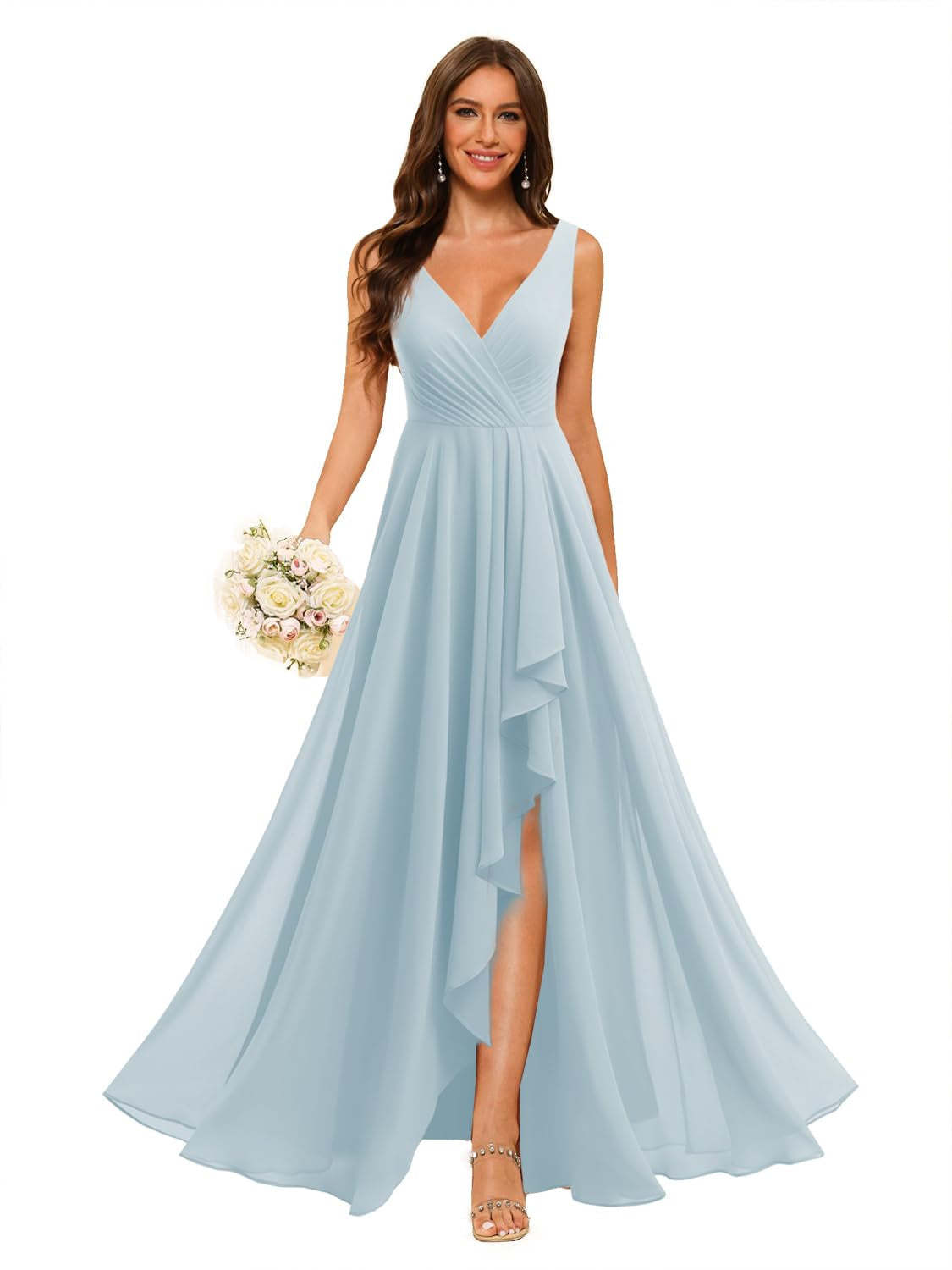 V-Neck Sleeveless Floor-Length Chiffon Bridesmaid Dress with Slit Pockets in A-Line/Princess Style