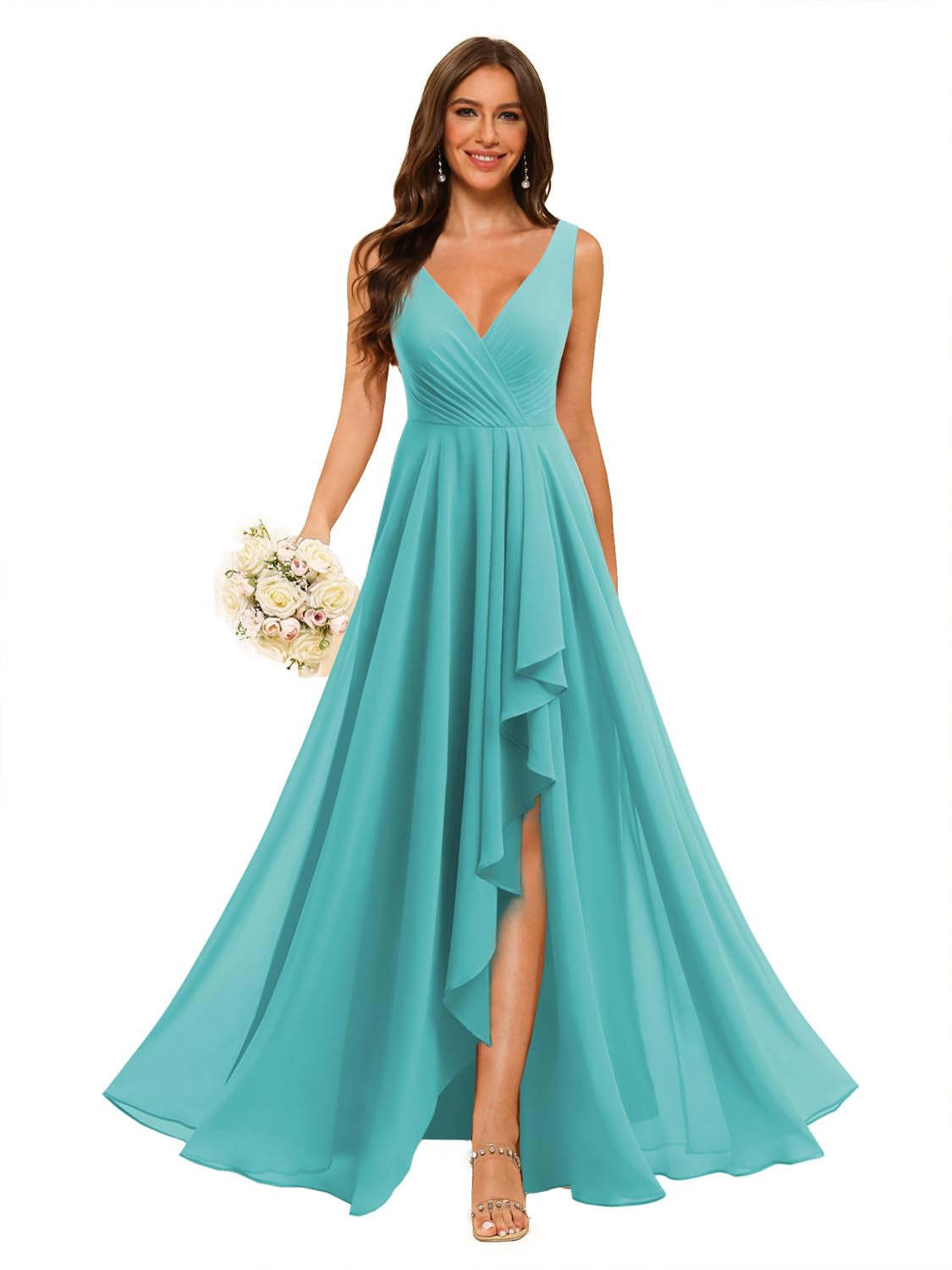 V-Neck Sleeveless Floor-Length Chiffon Bridesmaid Dress with Slit Pockets in A-Line/Princess Style