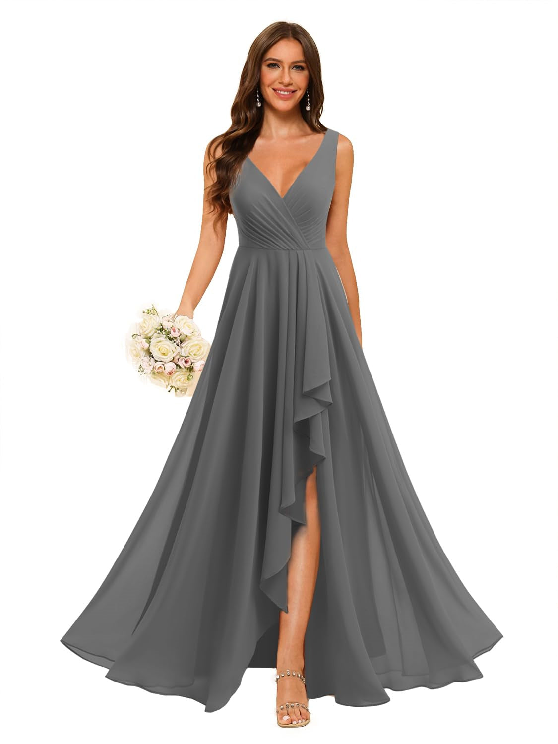 V-Neck Sleeveless Floor-Length Chiffon Bridesmaid Dress with Slit Pockets in A-Line/Princess Style