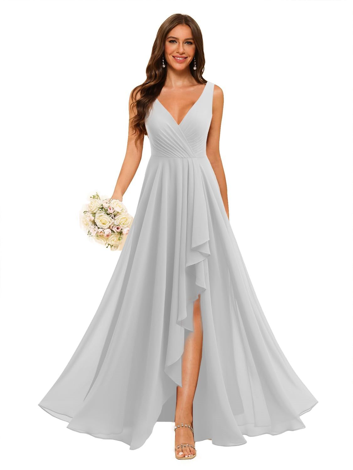 V-Neck Sleeveless Floor-Length Chiffon Bridesmaid Dress with Slit Pockets in A-Line/Princess Style