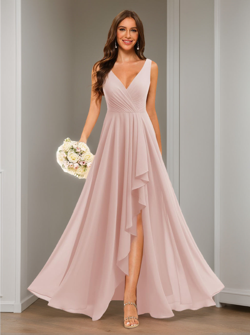 V-Neck Sleeveless Floor-Length Chiffon Bridesmaid Dress with Slit Pockets in A-Line/Princess Style