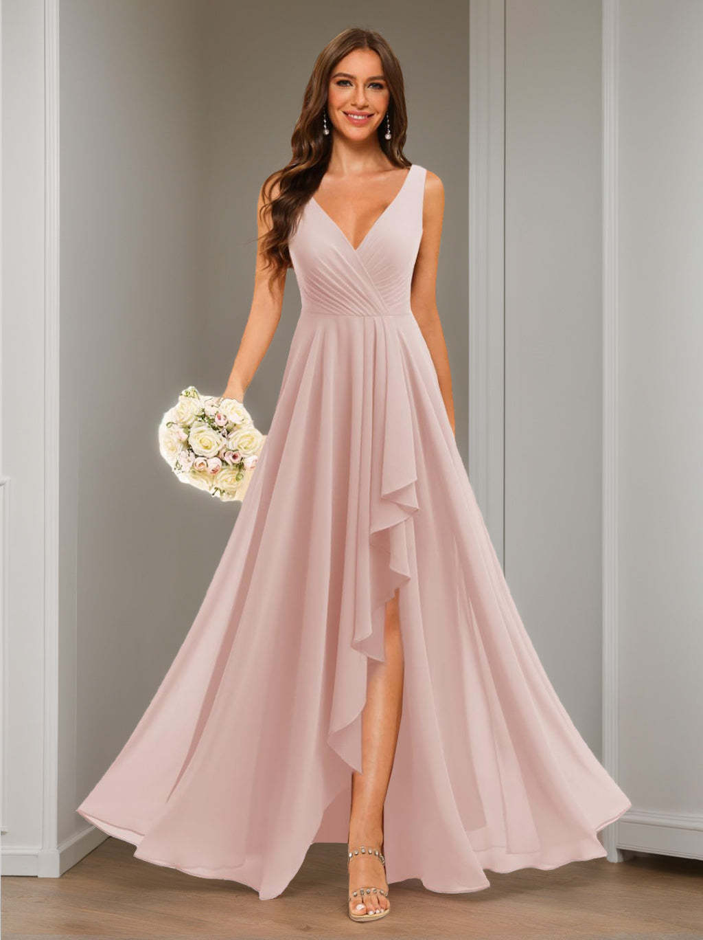 V-Neck Sleeveless Floor-Length Chiffon Bridesmaid Dress with Slit Pockets in A-Line/Princess Style