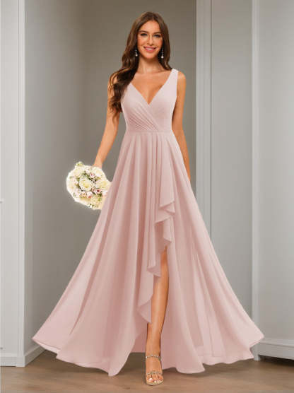 V-Neck Sleeveless Floor-Length Chiffon Bridesmaid Dress with Slit Pockets in A-Line/Princess Style