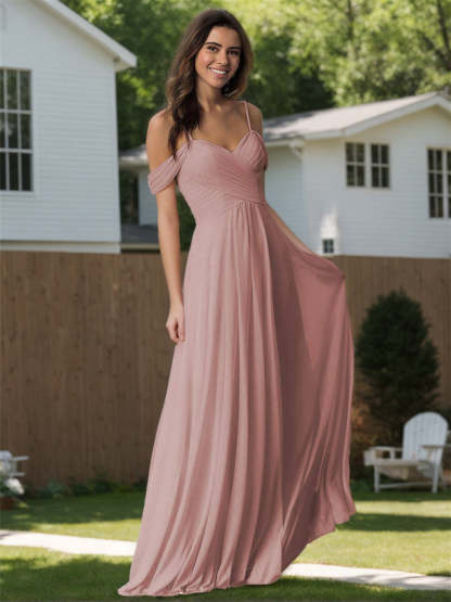 Sweetheart Off-Shoulder Floor-Length Chiffon Bridesmaid Dress with Pockets