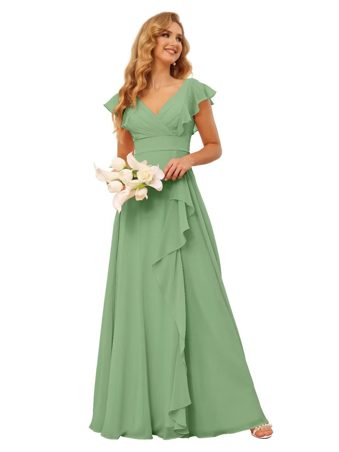Princess A-Line Floor-Length Bridesmaid Dresses With V Neck and Ruffled Short Sleeve Split