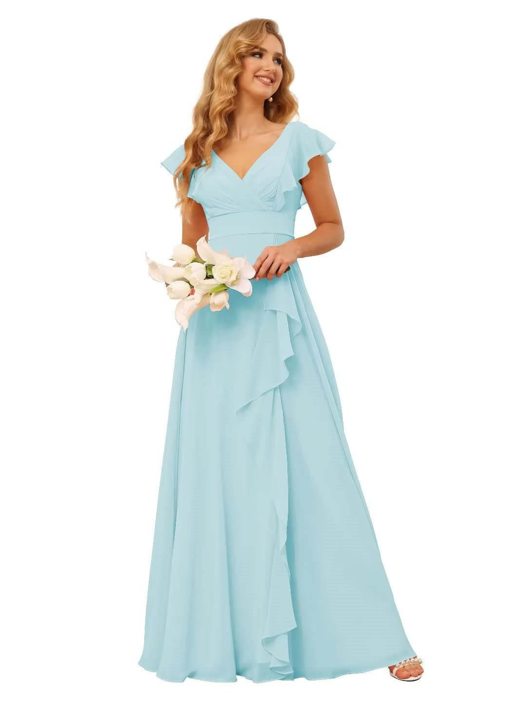 Princess A-Line Floor-Length Bridesmaid Dresses With V Neck and Ruffled Short Sleeve Split