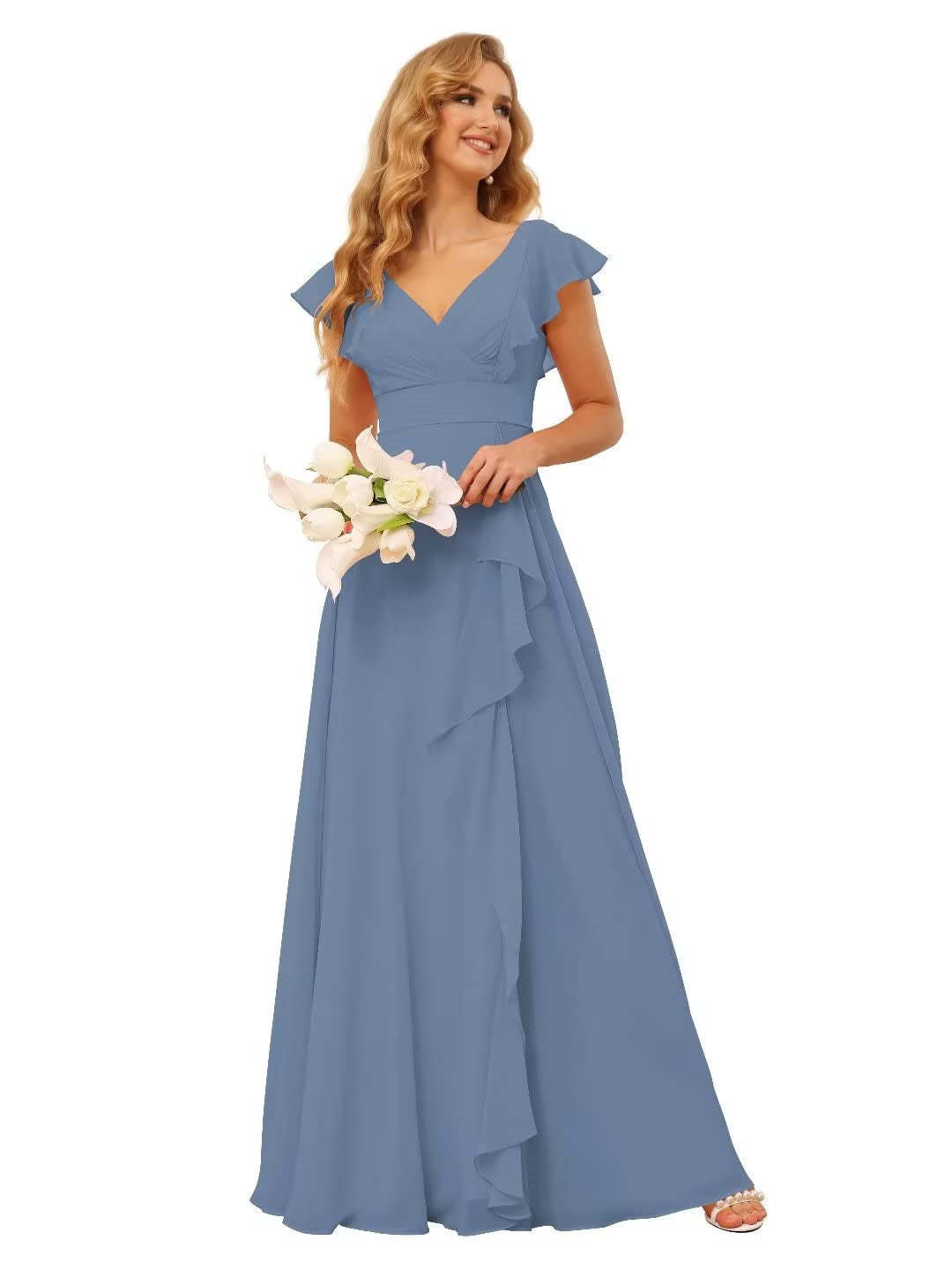 Princess A-Line Floor-Length Bridesmaid Dresses With V Neck and Ruffled Short Sleeve Split