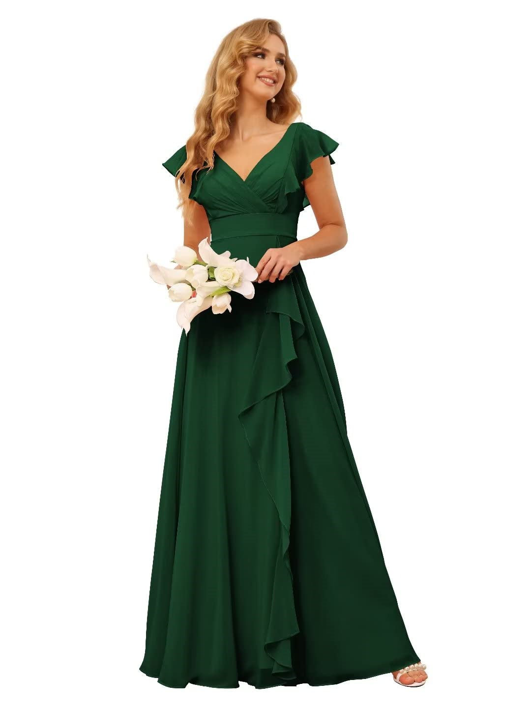 Princess A-Line Floor-Length Bridesmaid Dresses With V Neck and Ruffled Short Sleeve Split