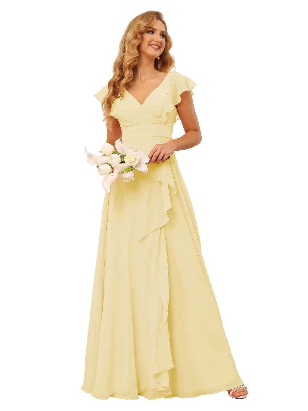 Princess A-Line Floor-Length Bridesmaid Dresses With V Neck and Ruffled Short Sleeve Split