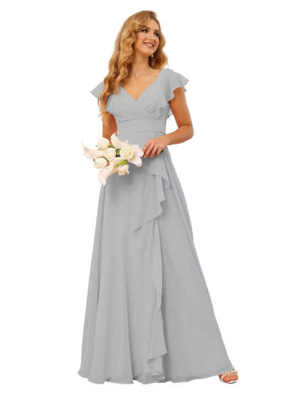 Princess A-Line Floor-Length Bridesmaid Dresses With V Neck and Ruffled Short Sleeve Split