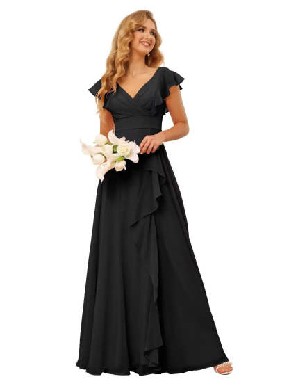 Princess A-Line Floor-Length Bridesmaid Dresses With V Neck and Ruffled Short Sleeve Split