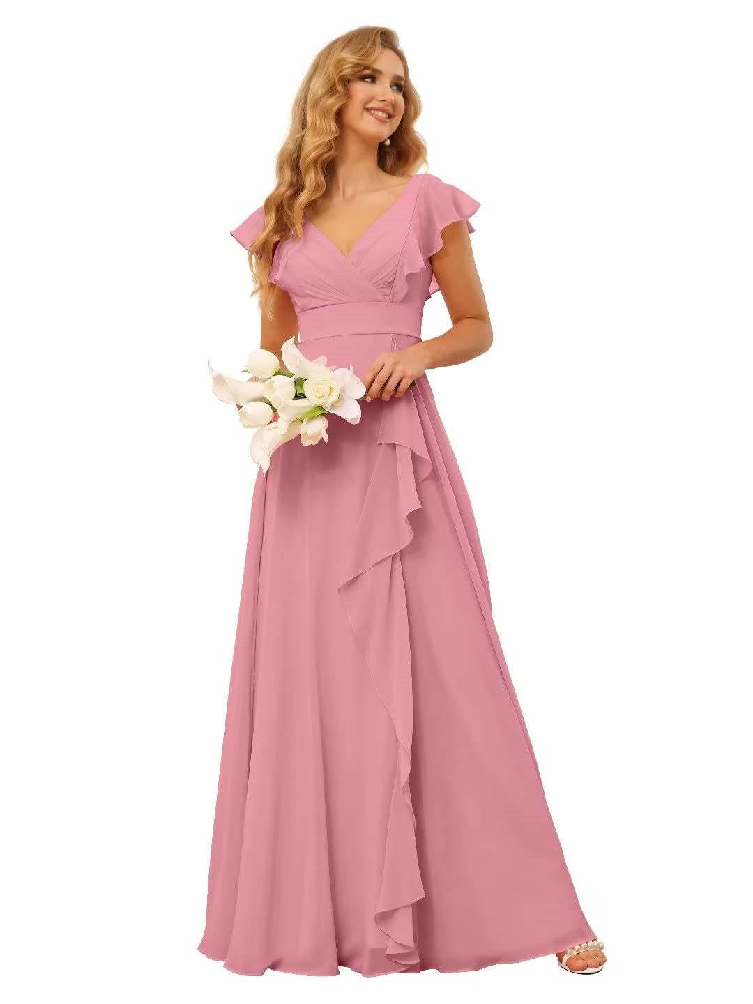 Princess A-Line Floor-Length Bridesmaid Dresses With V Neck and Ruffled Short Sleeve Split