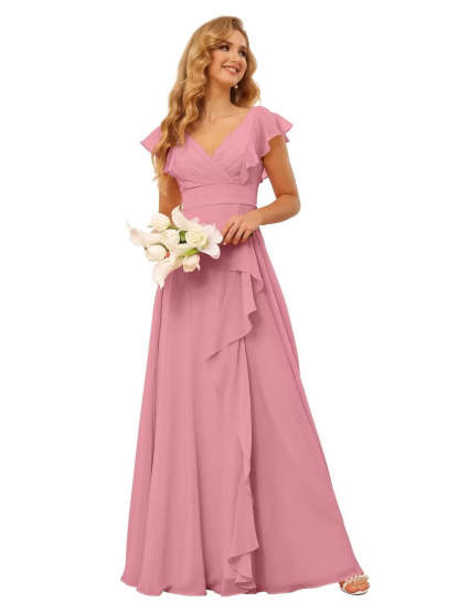 Princess A-Line Floor-Length Bridesmaid Dresses With V Neck and Ruffled Short Sleeve Split