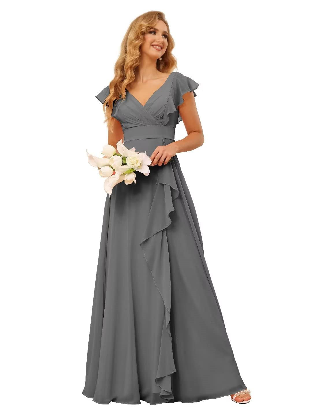 Princess A-Line Floor-Length Bridesmaid Dresses With V Neck and Ruffled Short Sleeve Split