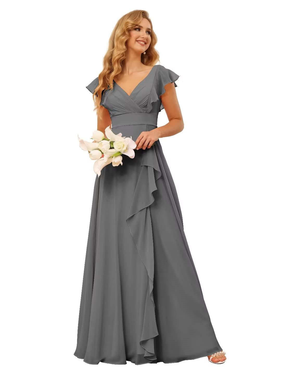 Princess A-Line Floor-Length Bridesmaid Dresses With V Neck and Ruffled Short Sleeve Split