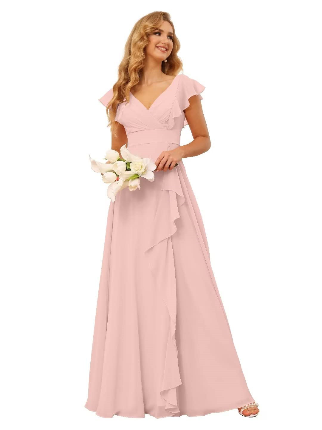 Princess A-Line Floor-Length Bridesmaid Dresses With V Neck and Ruffled Short Sleeve Split