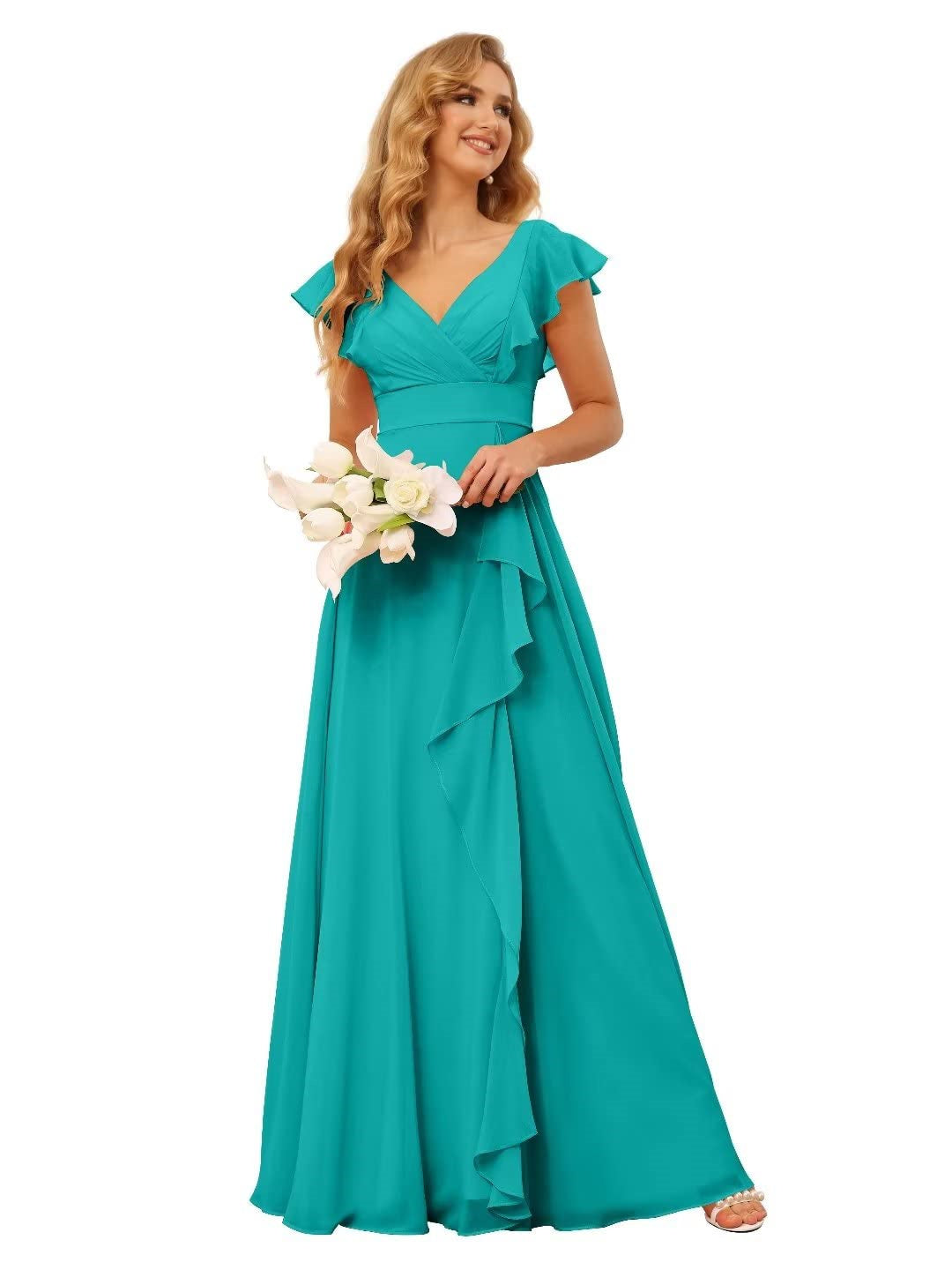 Princess A-Line Floor-Length Bridesmaid Dresses With V Neck and Ruffled Short Sleeve Split