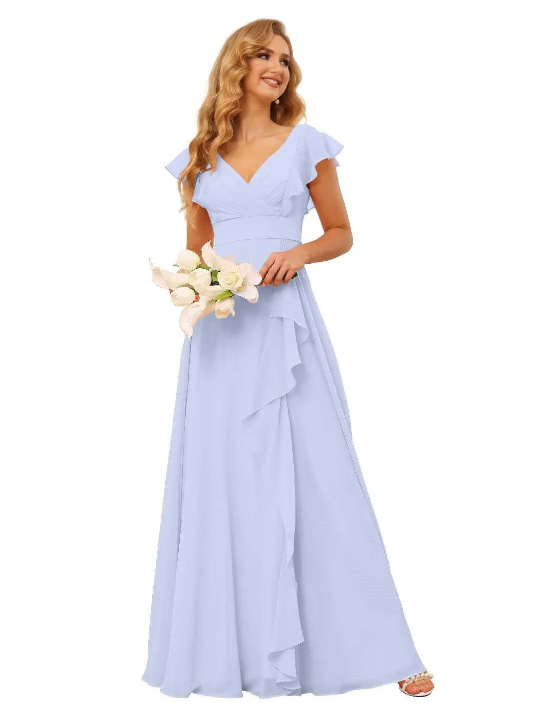 Princess A-Line Floor-Length Bridesmaid Dresses With V Neck and Ruffled Short Sleeve Split