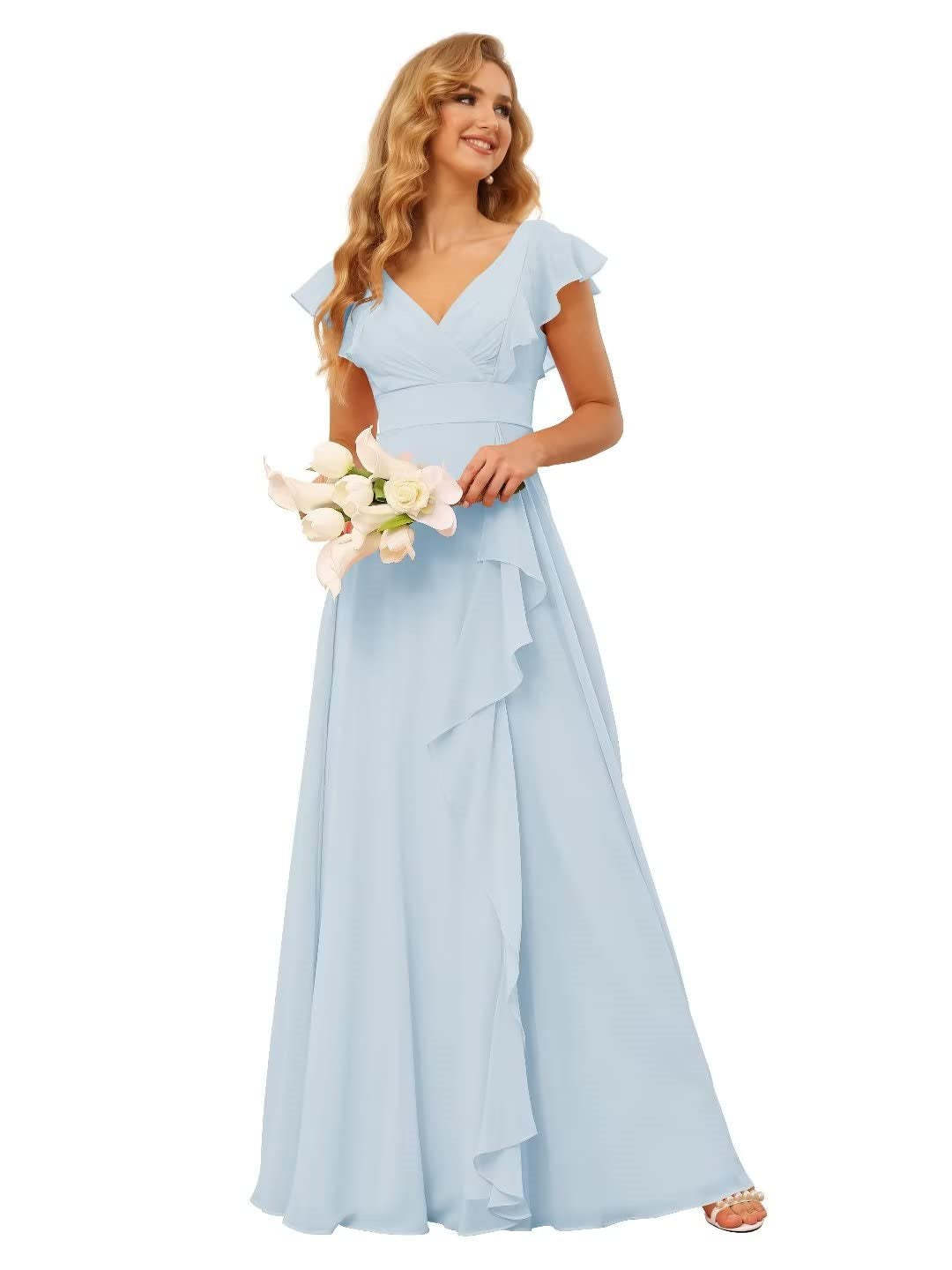 Princess A-Line Floor-Length Bridesmaid Dresses With V Neck and Ruffled Short Sleeve Split