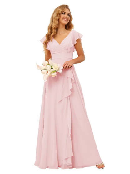Princess A-Line Floor-Length Bridesmaid Dresses With V Neck and Ruffled Short Sleeve Split