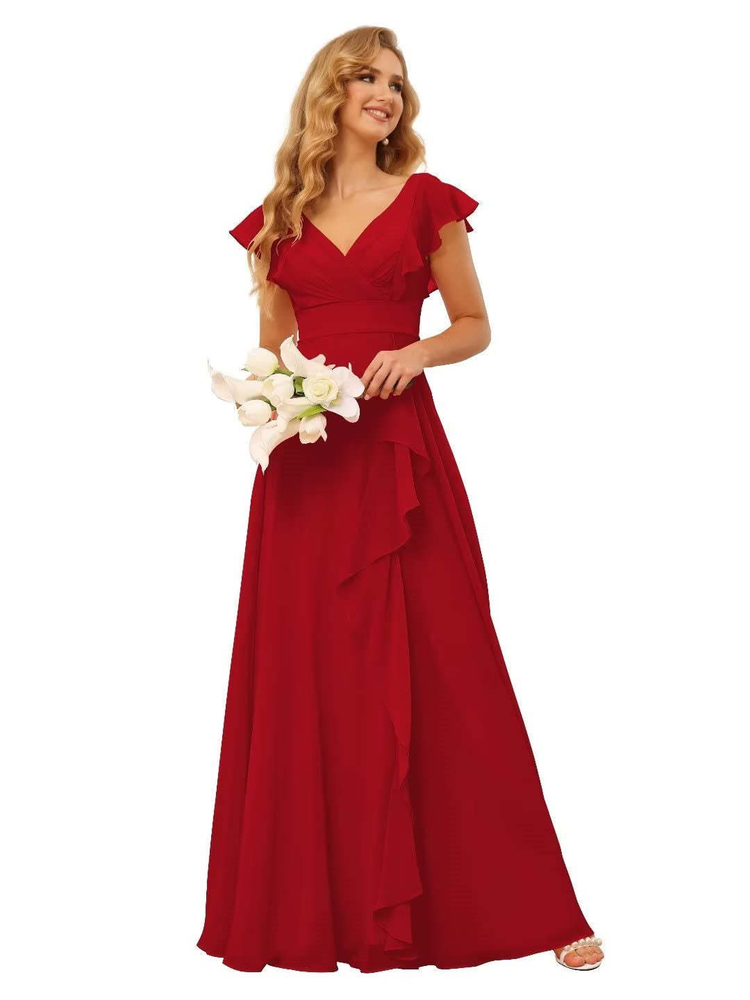 Princess A-Line Floor-Length Bridesmaid Dresses With V Neck and Ruffled Short Sleeve Split