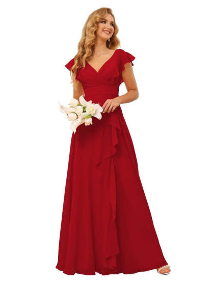 Princess A-Line Floor-Length Bridesmaid Dresses With V Neck and Ruffled Short Sleeve Split
