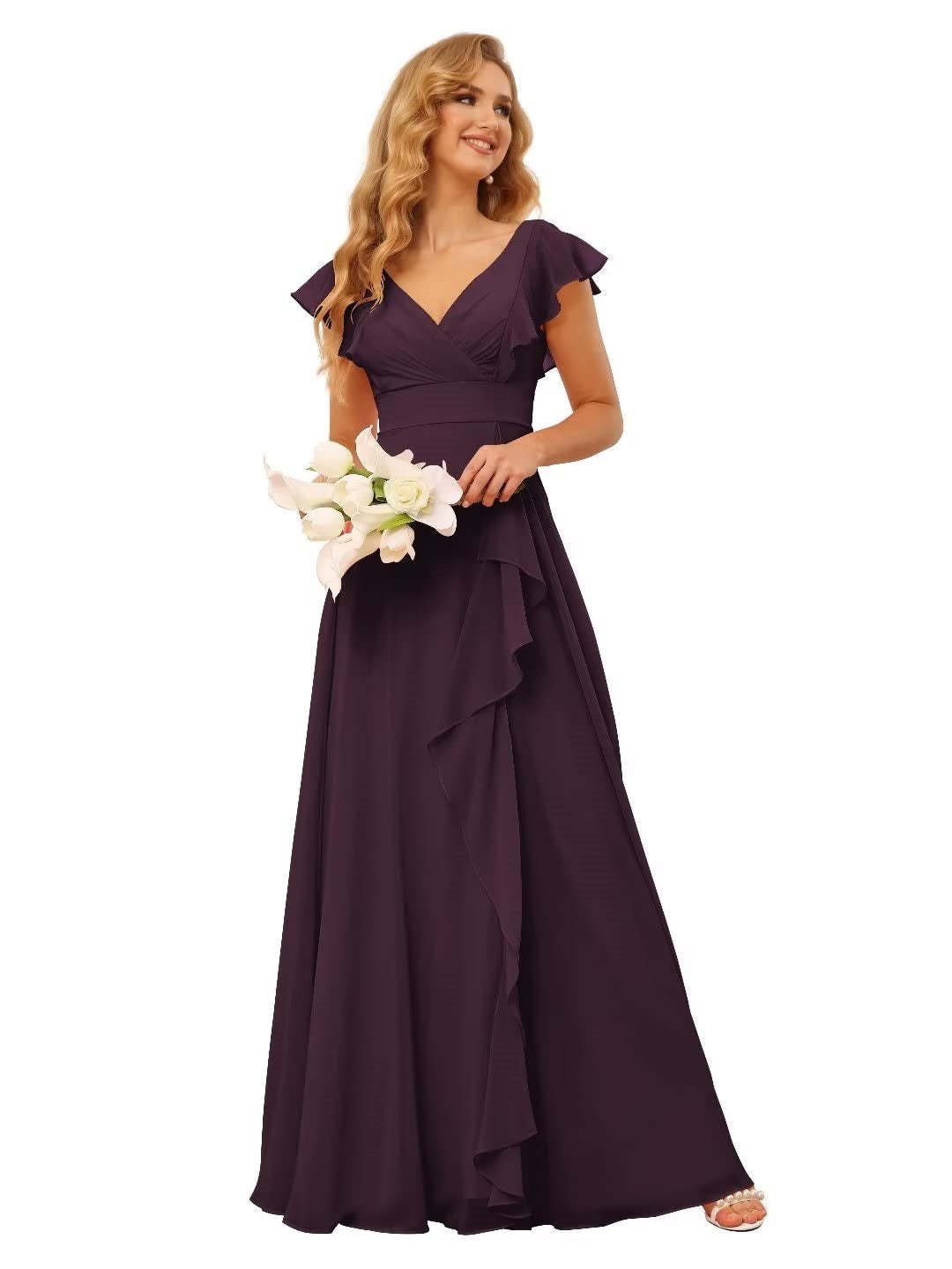 Princess A-Line Floor-Length Bridesmaid Dresses With V Neck and Ruffled Short Sleeve Split