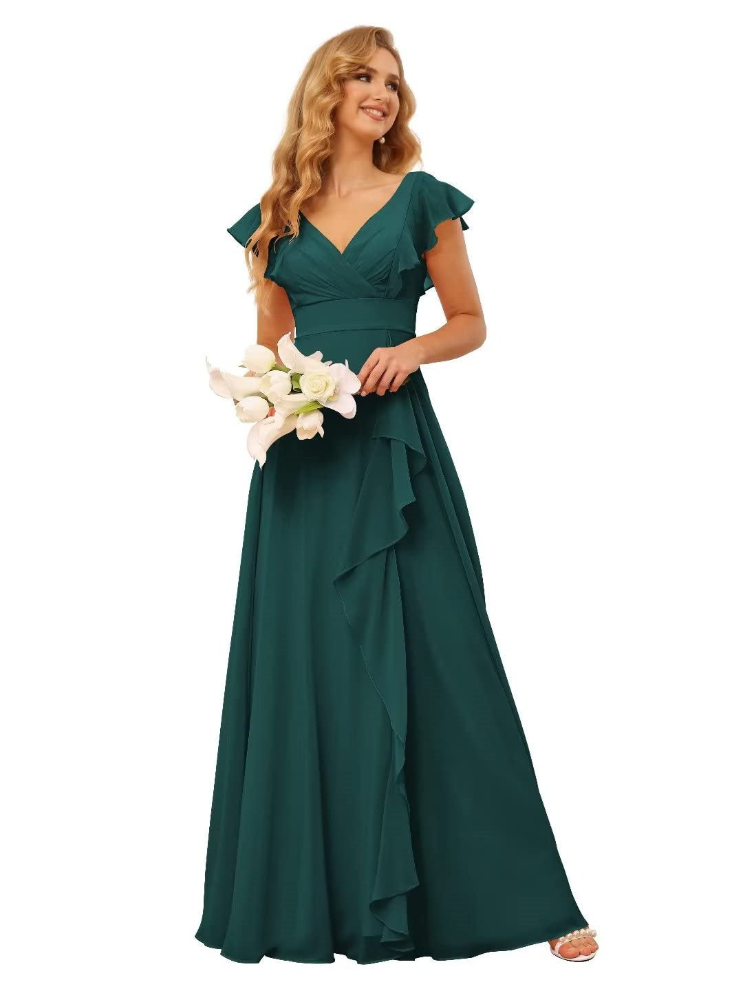Princess A-Line Floor-Length Bridesmaid Dresses With V Neck and Ruffled Short Sleeve Split