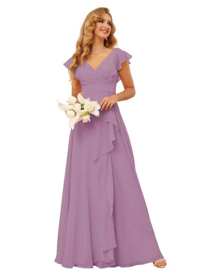 Princess A-Line Floor-Length Bridesmaid Dresses With V Neck and Ruffled Short Sleeve Split