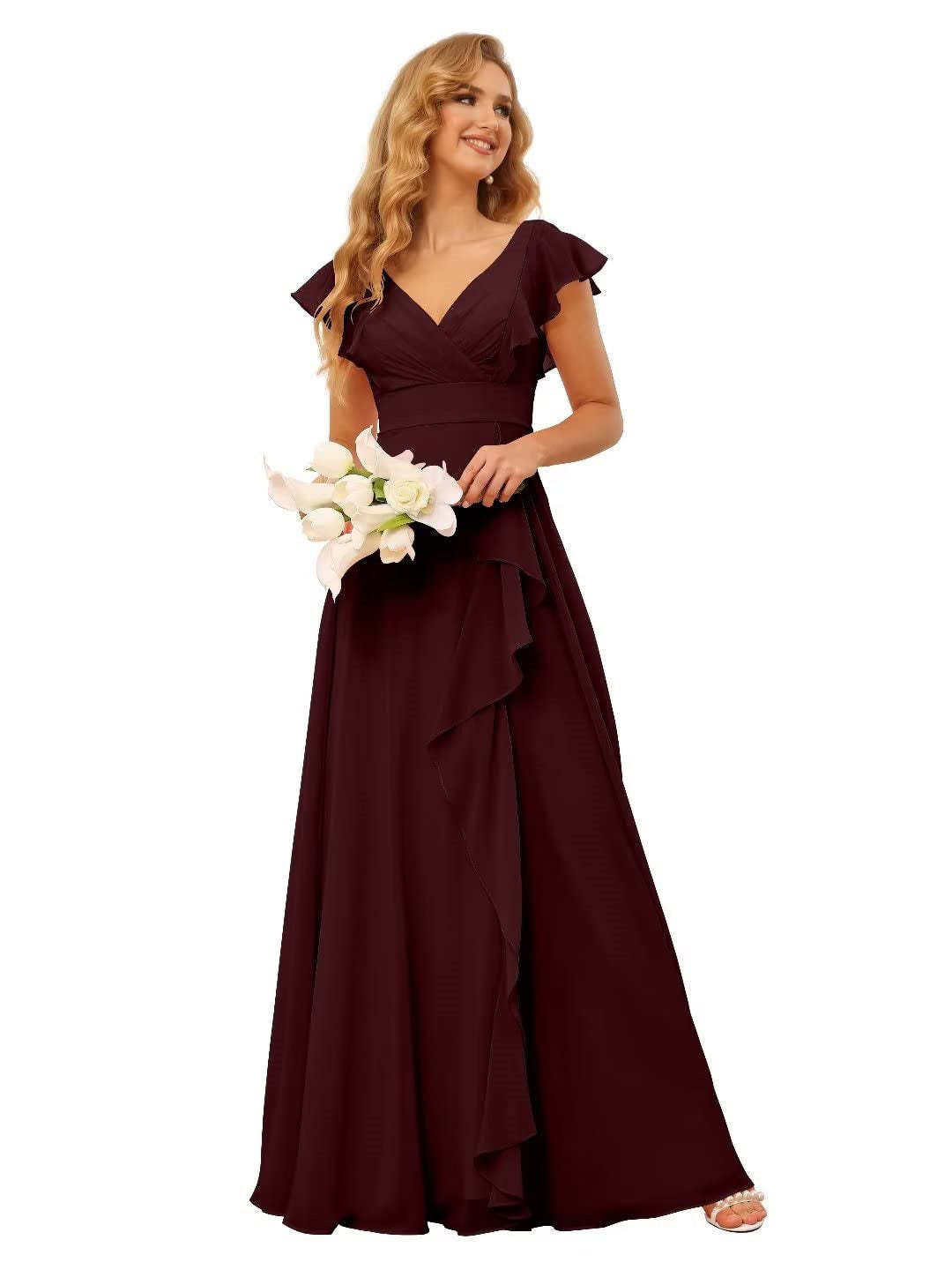 Princess A-Line Floor-Length Bridesmaid Dresses With V Neck and Ruffled Short Sleeve Split