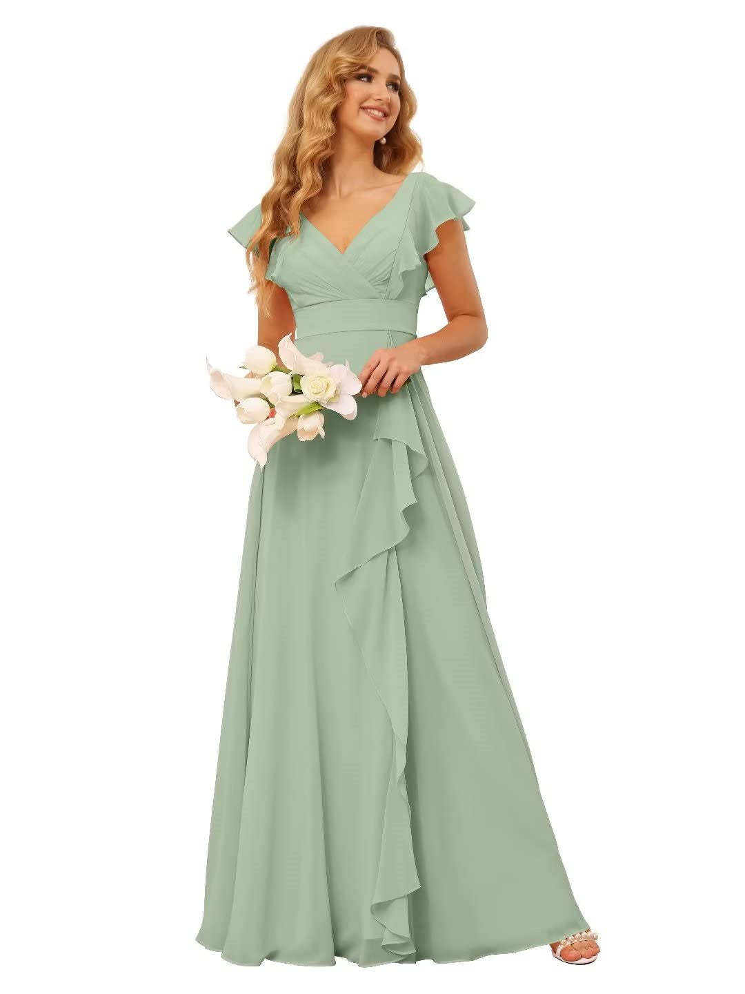 Princess A-Line Floor-Length Bridesmaid Dresses With V Neck and Ruffled Short Sleeve Split