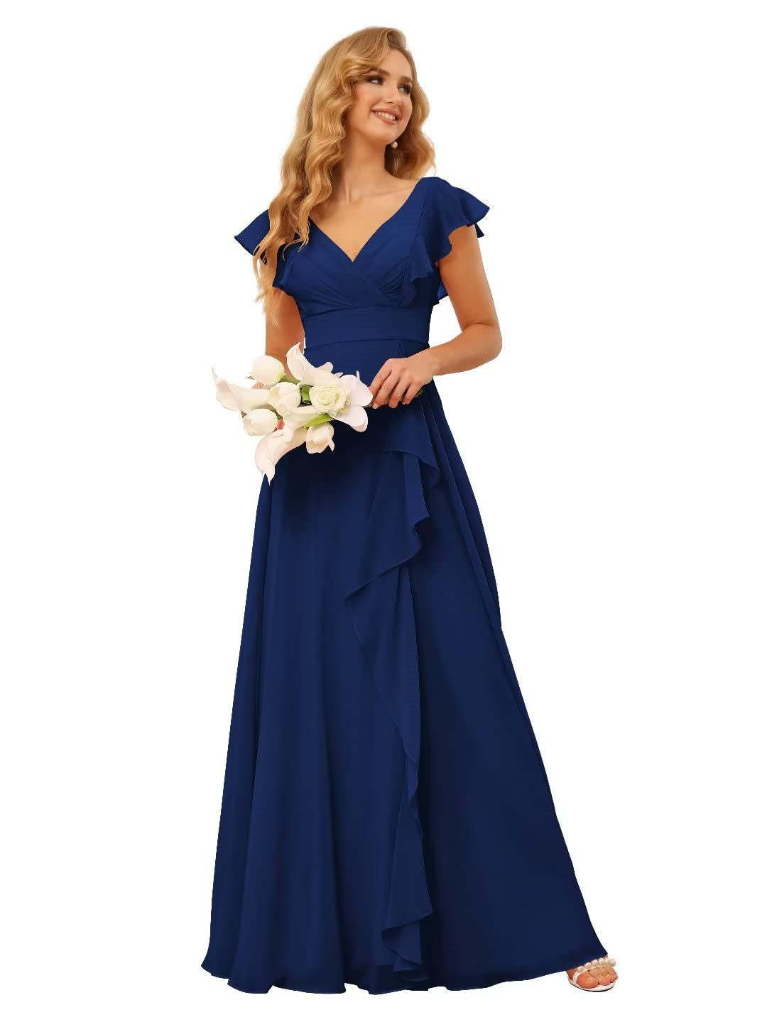 Princess A-Line Floor-Length Bridesmaid Dresses With V Neck and Ruffled Short Sleeve Split