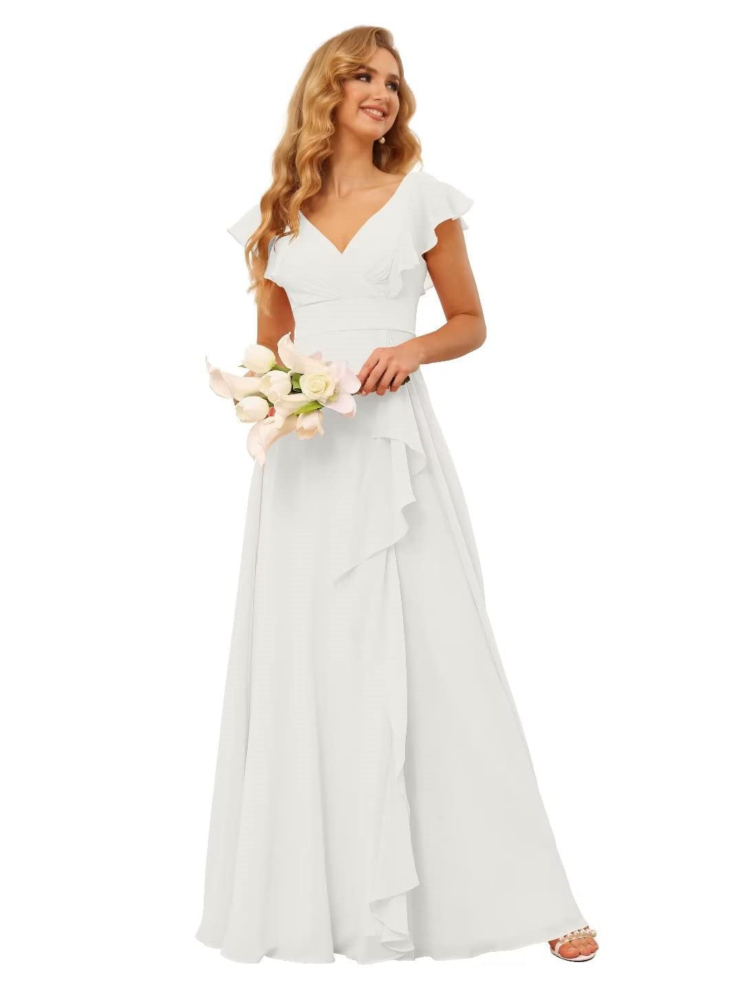 Princess A-Line Floor-Length Bridesmaid Dresses With V Neck and Ruffled Short Sleeve Split