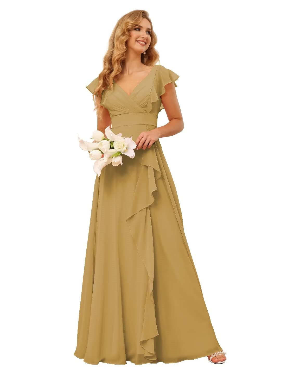 Princess A-Line Floor-Length Bridesmaid Dresses With V Neck and Ruffled Short Sleeve Split