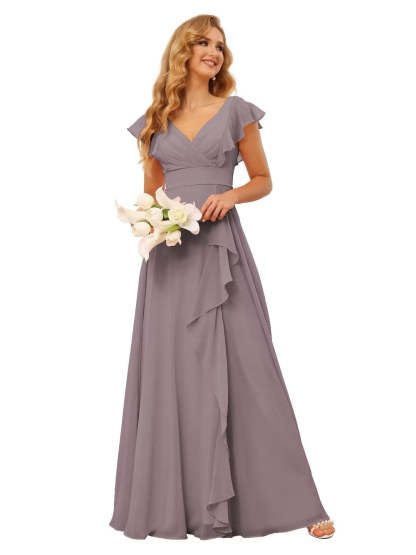 Princess A-Line Floor-Length Bridesmaid Dresses With V Neck and Ruffled Short Sleeve Split