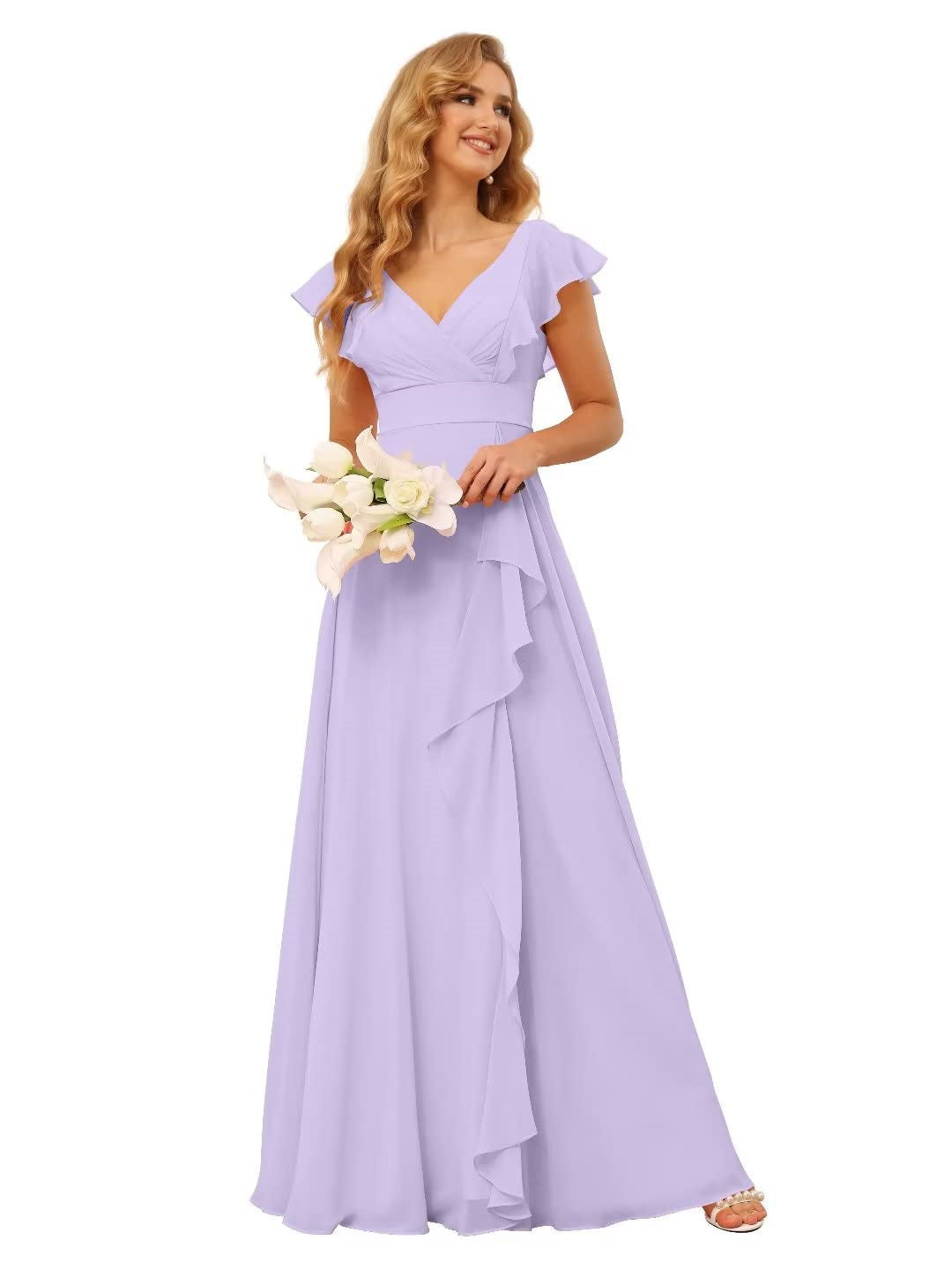 Princess A-Line Floor-Length Bridesmaid Dresses With V Neck and Ruffled Short Sleeve Split