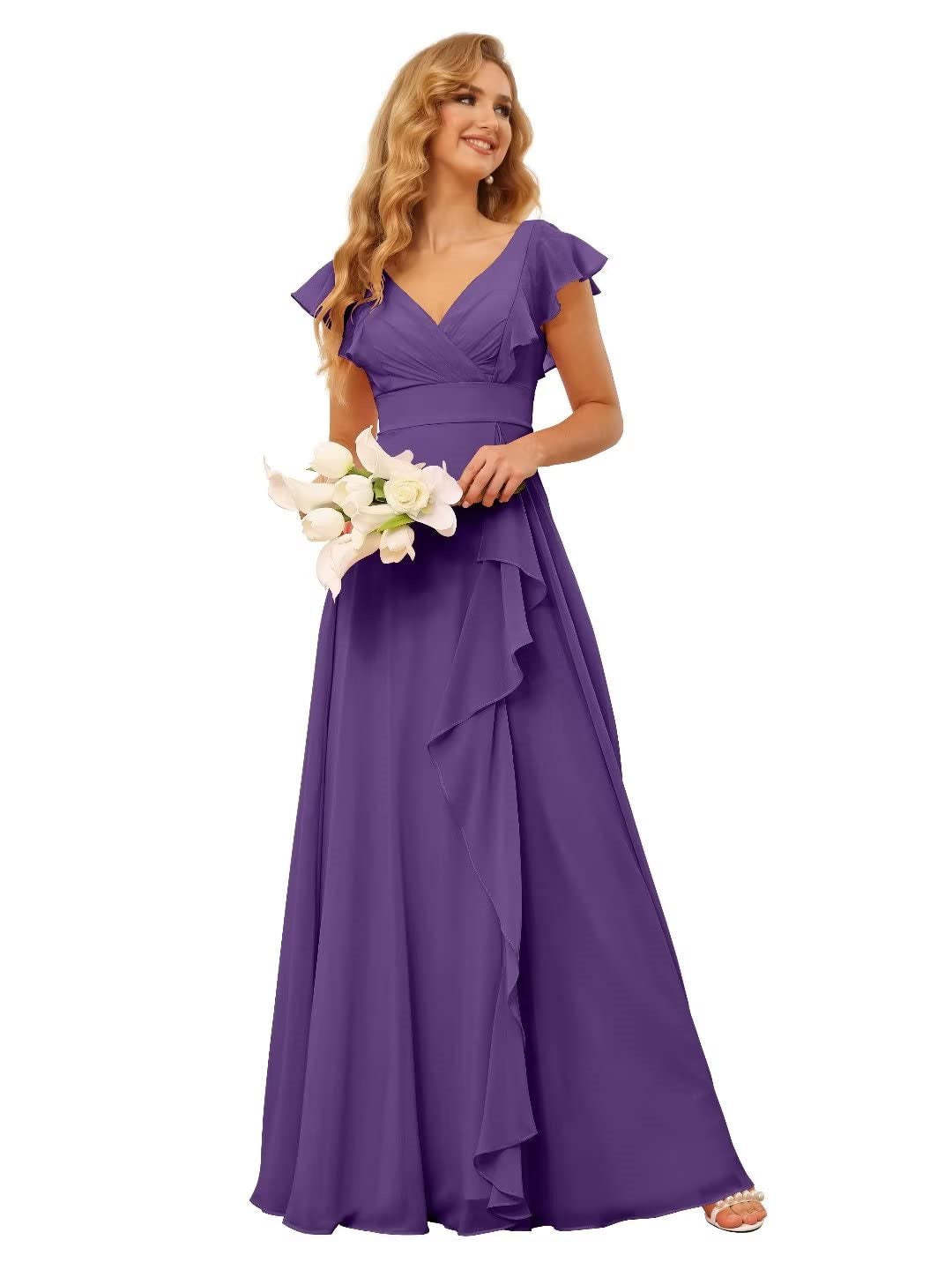 Princess A-Line Floor-Length Bridesmaid Dresses With V Neck and Ruffled Short Sleeve Split
