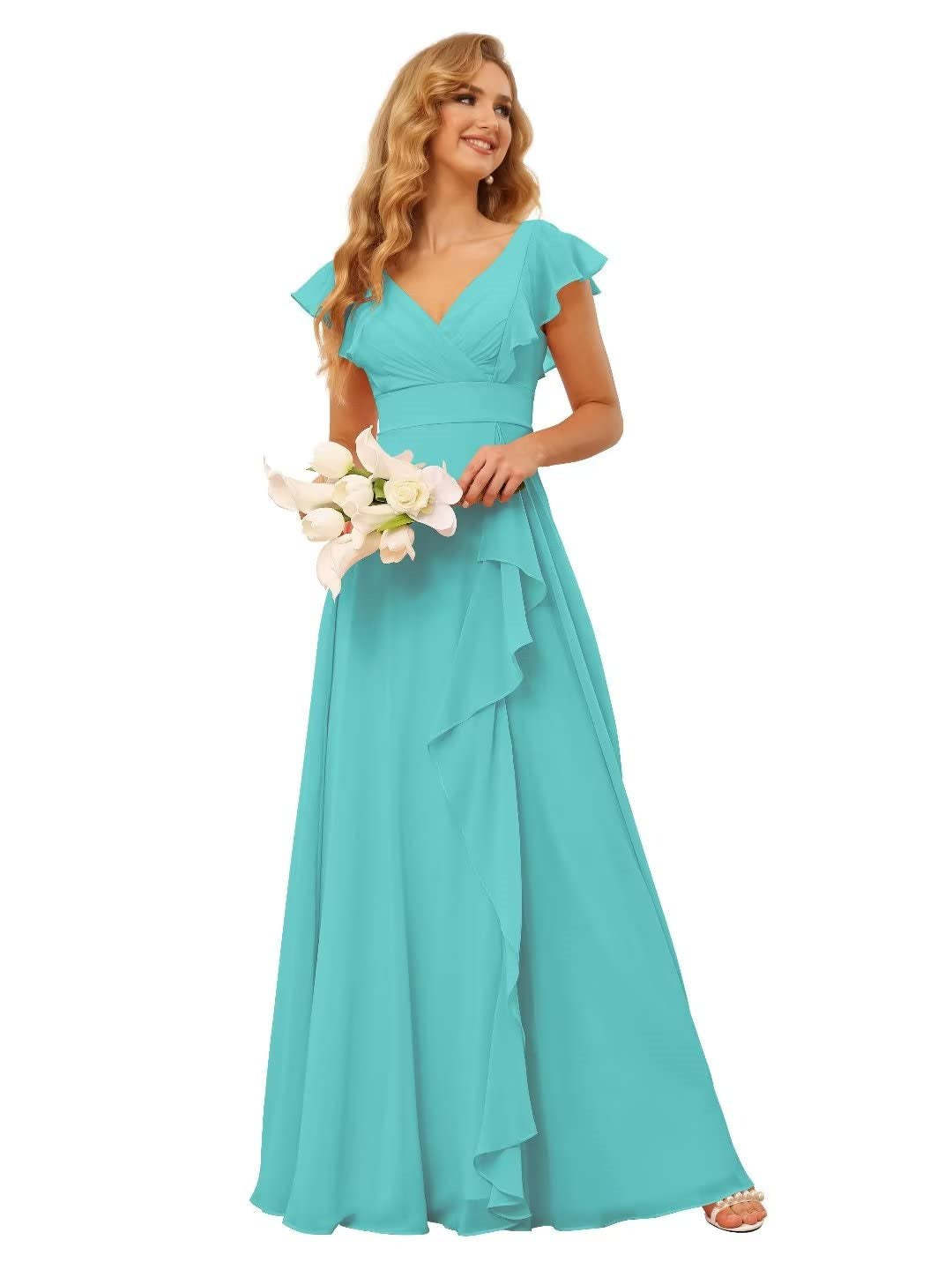 Princess A-Line Floor-Length Bridesmaid Dresses With V Neck and Ruffled Short Sleeve Split