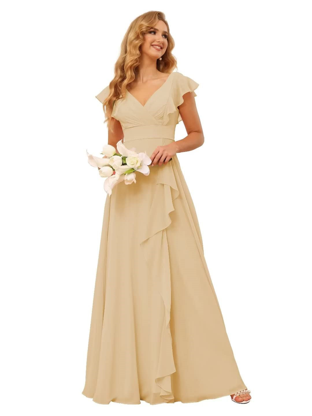 Princess A-Line Floor-Length Bridesmaid Dresses With V Neck and Ruffled Short Sleeve Split