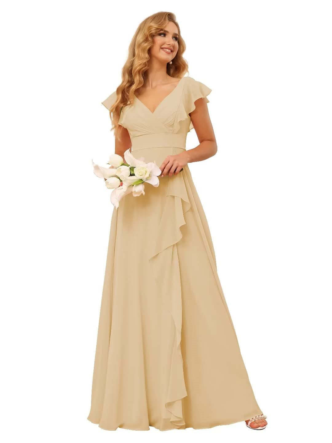 Princess A-Line Floor-Length Bridesmaid Dresses With V Neck and Ruffled Short Sleeve Split